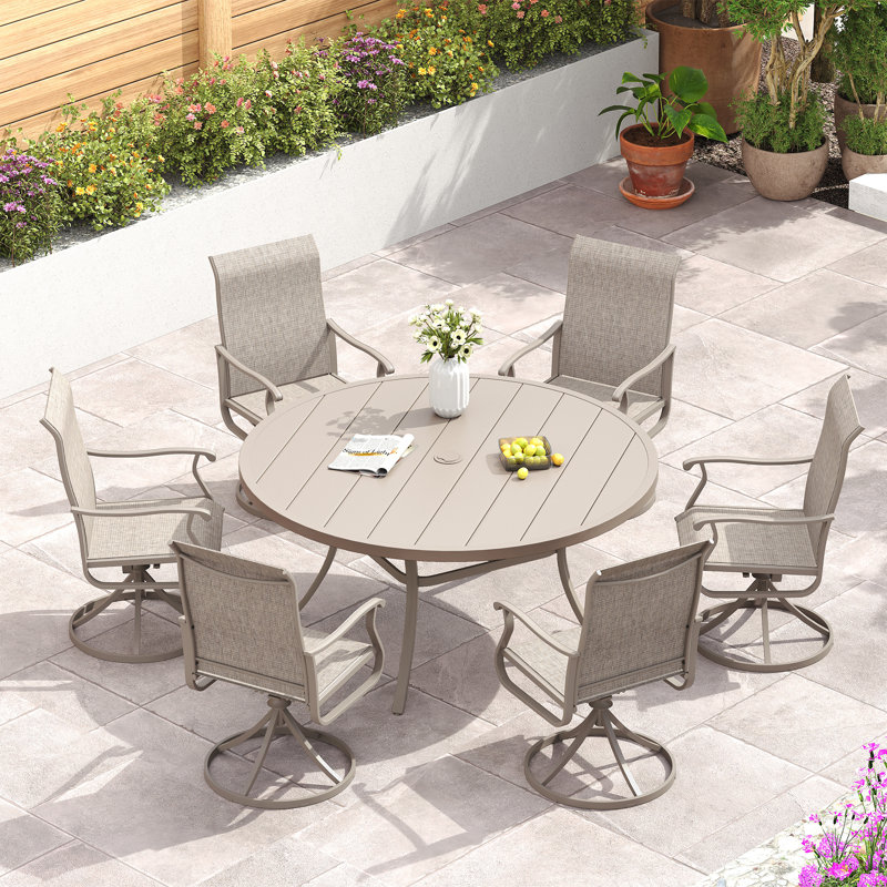 Nectaria Round 6 - Person Outdoor Patio Dining Set with 6 Swivel PVC-coated polyester Chairs, Sandshell/Sandshell