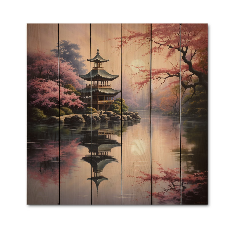 Art asiatique, pagode sereine sur impression sur bois, H 15 po x l 15 po x P 0,78 po