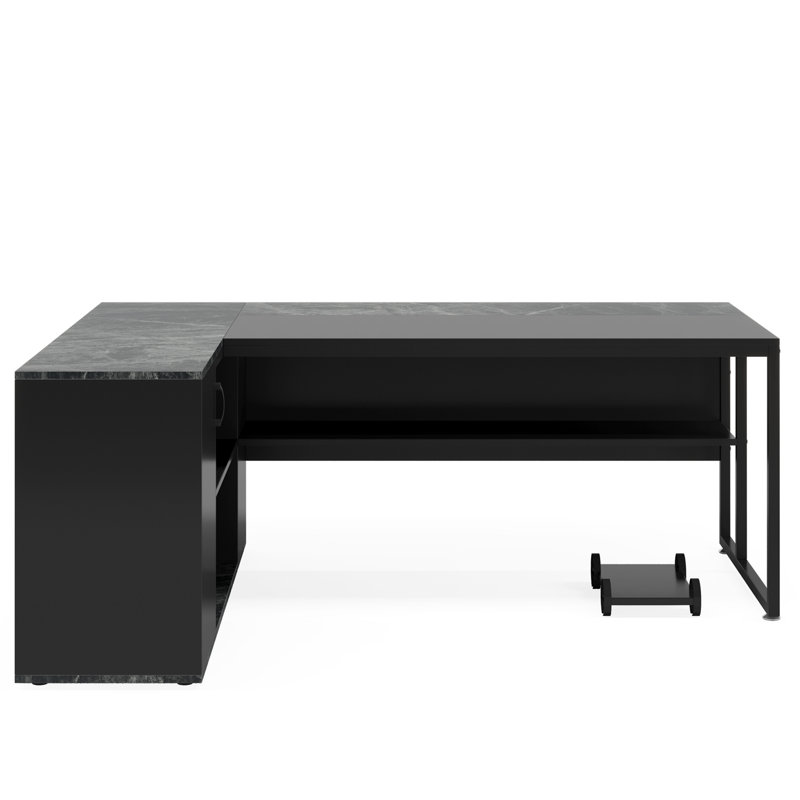Bureau de direction en L 71 po avec armoire de rangement et tablettes, grand bureau d'ordinateur industriel à domicile, poste de travail professionnel avec meuble pour imprimante et support pour unité centrale