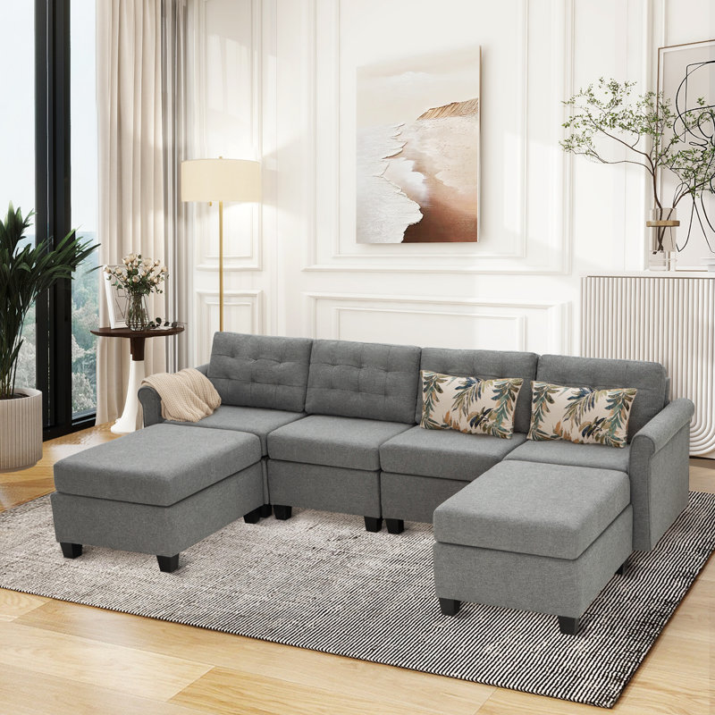 6 - Piece Upholstered Sectional Sofa With With Under Seat Storage, Azeema Gray Chenille