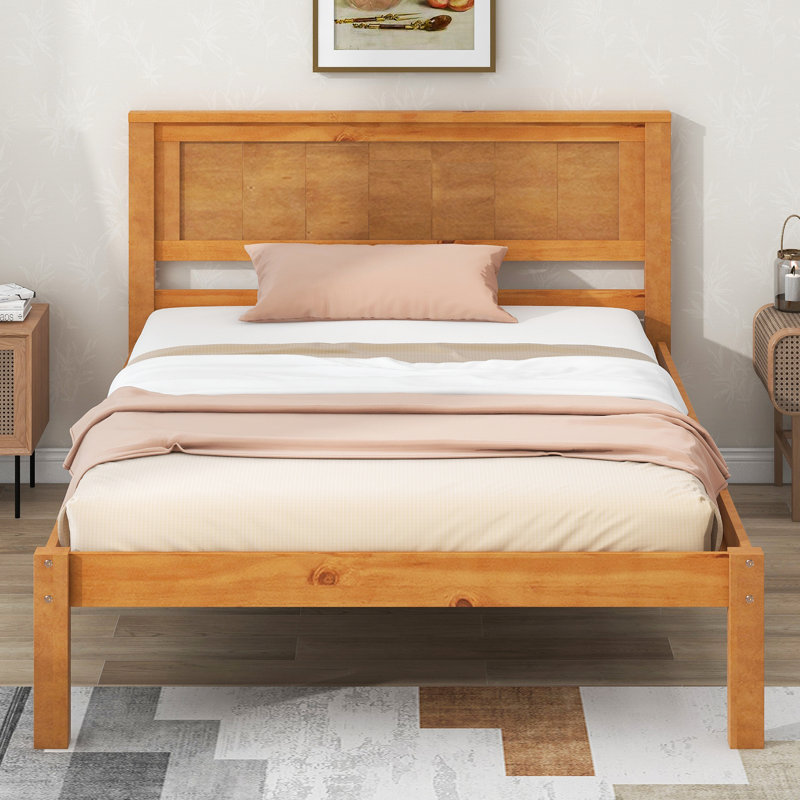 Structure de lit plateforme simple avec tête de lit, support de lattes en bois amovible, sans sommier, chêne digne de confiance