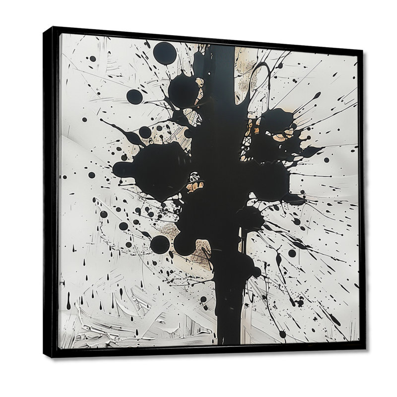 Apparition, noir et blanc, minimalisme - encre liquide, art mural abstrait, Toile avec cadre flottant noir