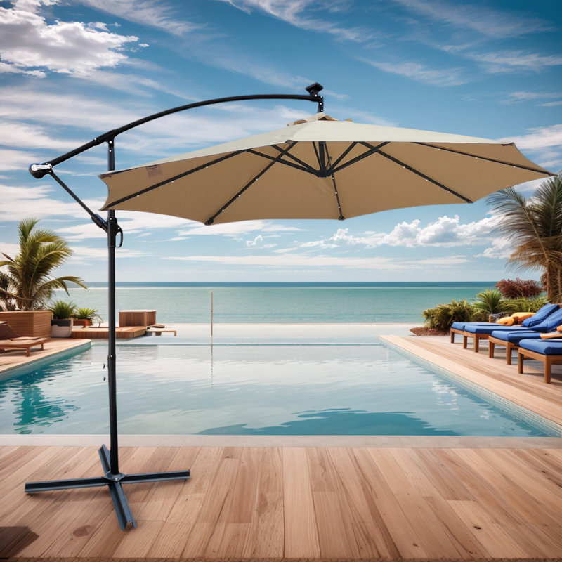 Parasol de patio imperméable de 10 pi avec lumières solaires à DEL pour la cour, la piscine, la terrasse - abat-jour à 8 nervures, manivelle facile et base en croix robuste