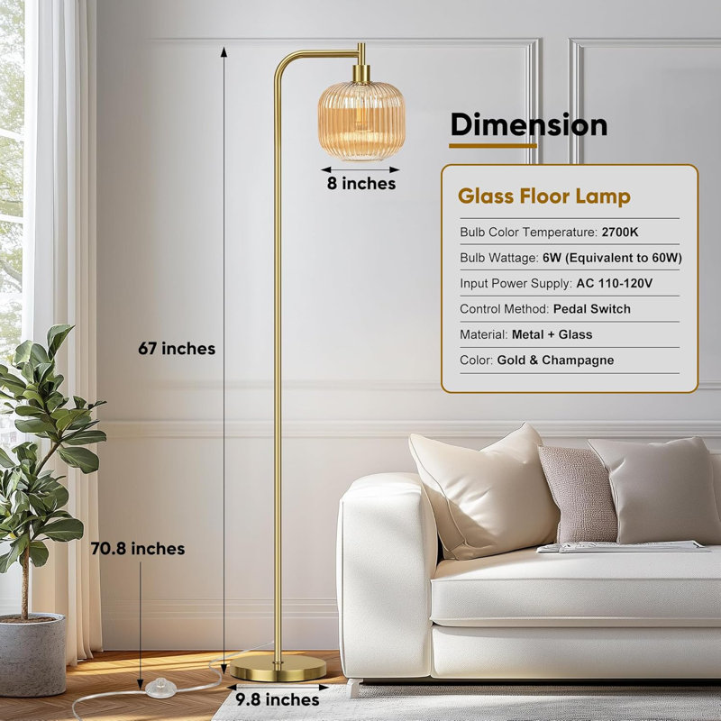 67” Glass Floor Lamp For Living Room, Modern Standing Lamp With Ribbed Glass Lampshade Pedal Switch, Champagne