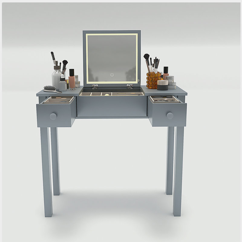 Sleek Grey Vanity Table with LED Lights,Flip-Top Mirror and 2 Drawers,Storage for Women Dressing
