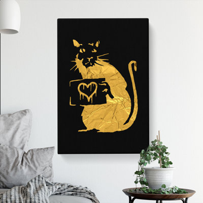 Banksy in Gold Rat with Heart - Wrapped Canvas