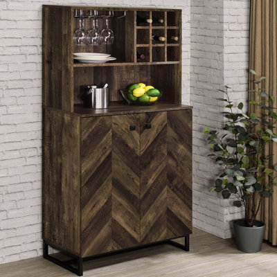 Wine Cabinet In Rustic Oak, 2-Doors, Classic Herringbone Front, Built-In Rack, Stemware Holder, And Gunmetal Legs For Dining 2-Doors Style, Design, Storage, Accents