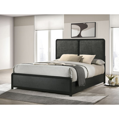 Très grand lit de style Mid-Century noir de style oriental moderne, panneaux rembourrés gris anthracite, rembourrage en mousse et panneaux de placage à gratter, revêtement rembourré, cadre arrondi, bas