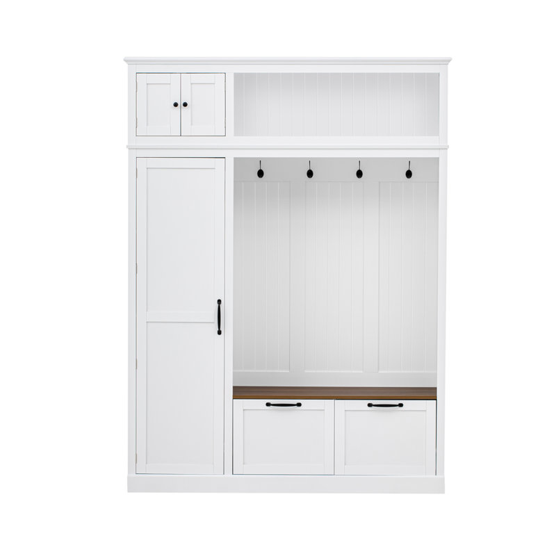 3-In-1 Hall Tree With Overhead Storage Cabinet, 3 Adjustable Side Shelves, 4 Heavy-Duty Hooks, 2 Spacious Drawers, Grooved Back Panel Design, Contrasting Seat Bench, Multifunctional Entryway Organizer