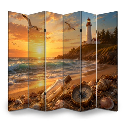 6 panneaux paravents pliables cloison royale, coucher de soleil, vagues océan, coquillages, boussole, boussole, toile, écran, séparateur, cloison de protection autoportante, cloison d'intimité pour salle de bain