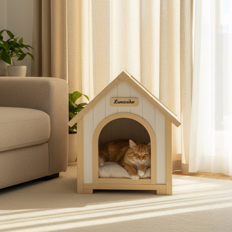 Maison pour animaux en cèdre massif FSC - Abri intérieur de style chalet jaune crème pour petits chiens et chats