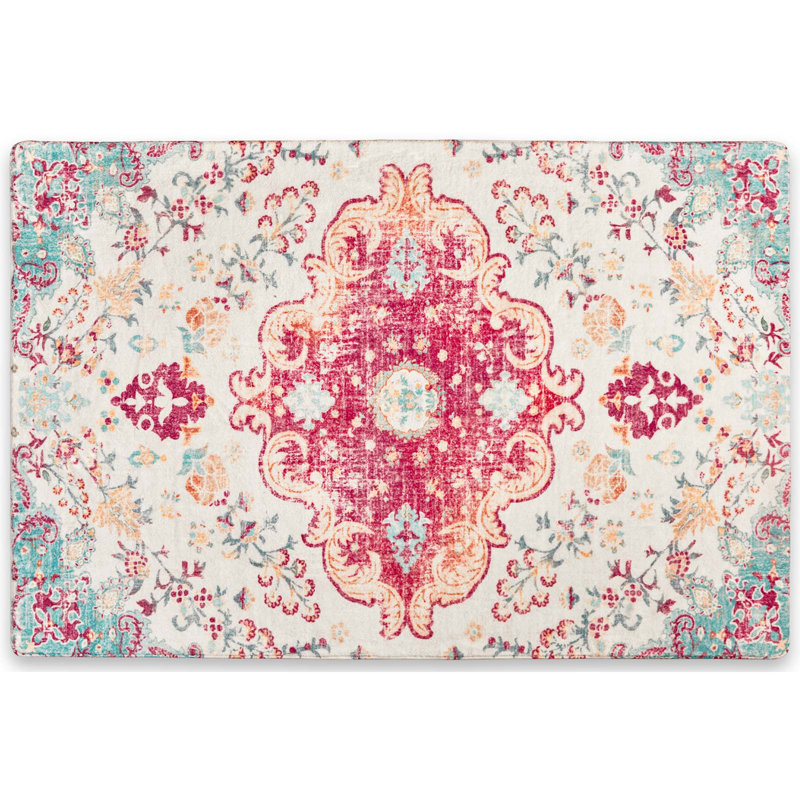 Juanelle Performance Washable Indoor Rug, Retangle 3' x 5', Crimson & Cream