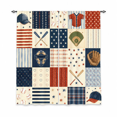 2Pcs Baseball Patchwork Curtains, Light Filtering Fabric, Sports Theme Design, Decorative for Boys Room, Teen, Living Home Decoration