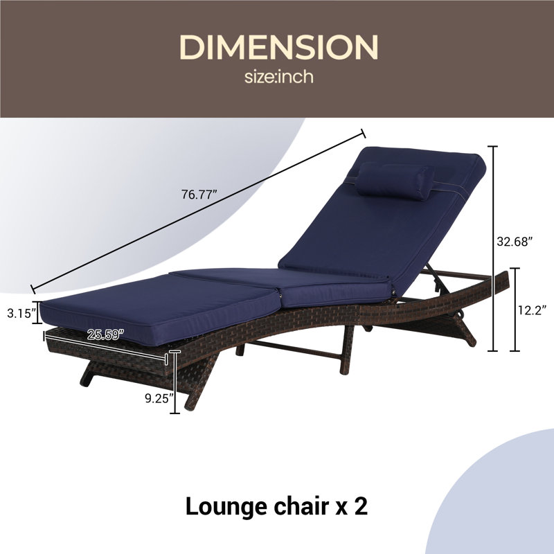 Outdoor Wicker Long Reclining Chair Set Of 2 , Wicker Reclining Lounge Chair Lawn Sunbathing Chairs Recliner Up To 150° Beach Poolside Garden