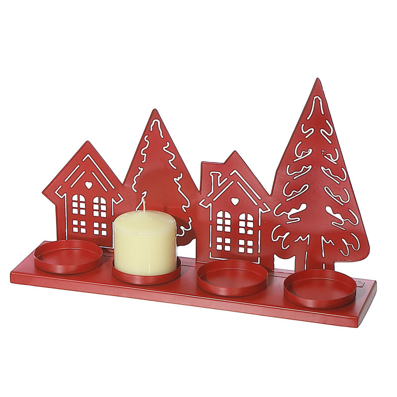 Arbre et maison en métal avec 4 porte-bougies chauffe-plat, Rouge