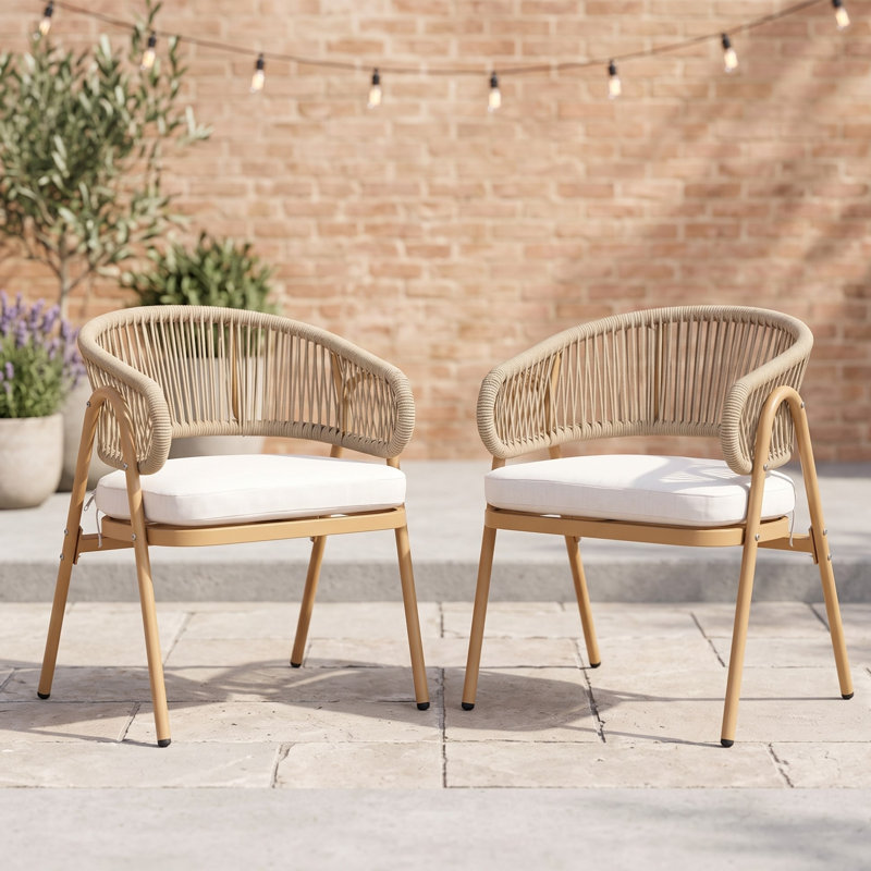 Chaise de salle à manger d'extérieur en corde - Chaise de patio moderne en métal avec dossier enveloppant et accoudoirs