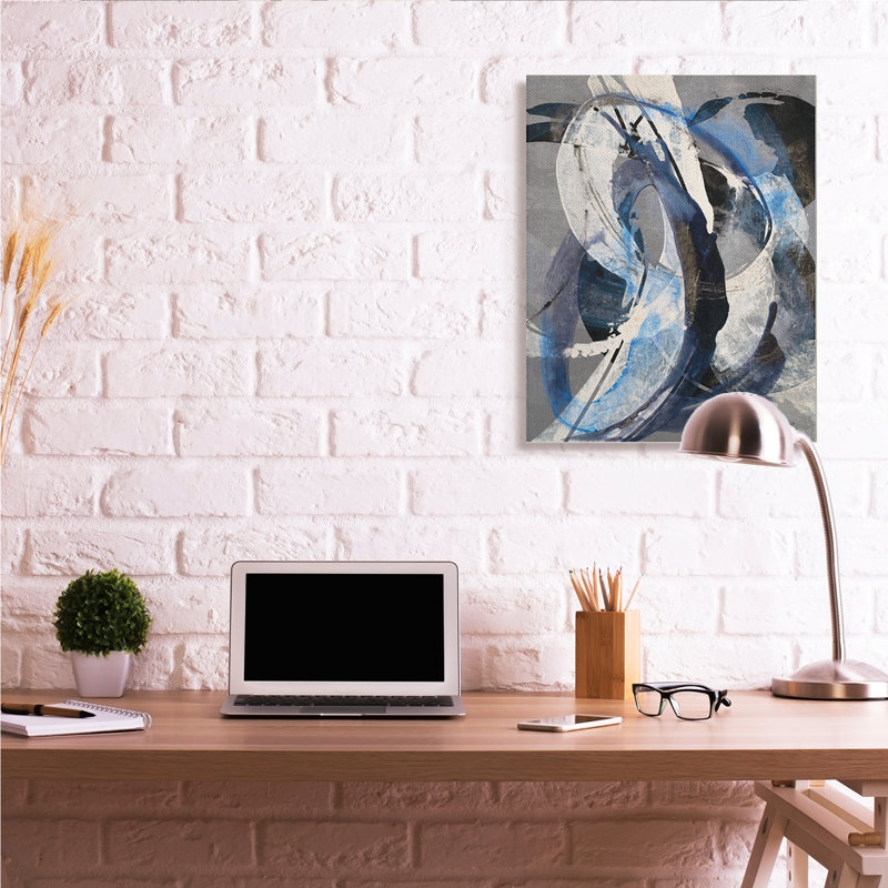 Abstraction fluide aquatique, peinture blanche et bleue par K. Nari - impression, Toile tendue, H 40 po x l 30 po