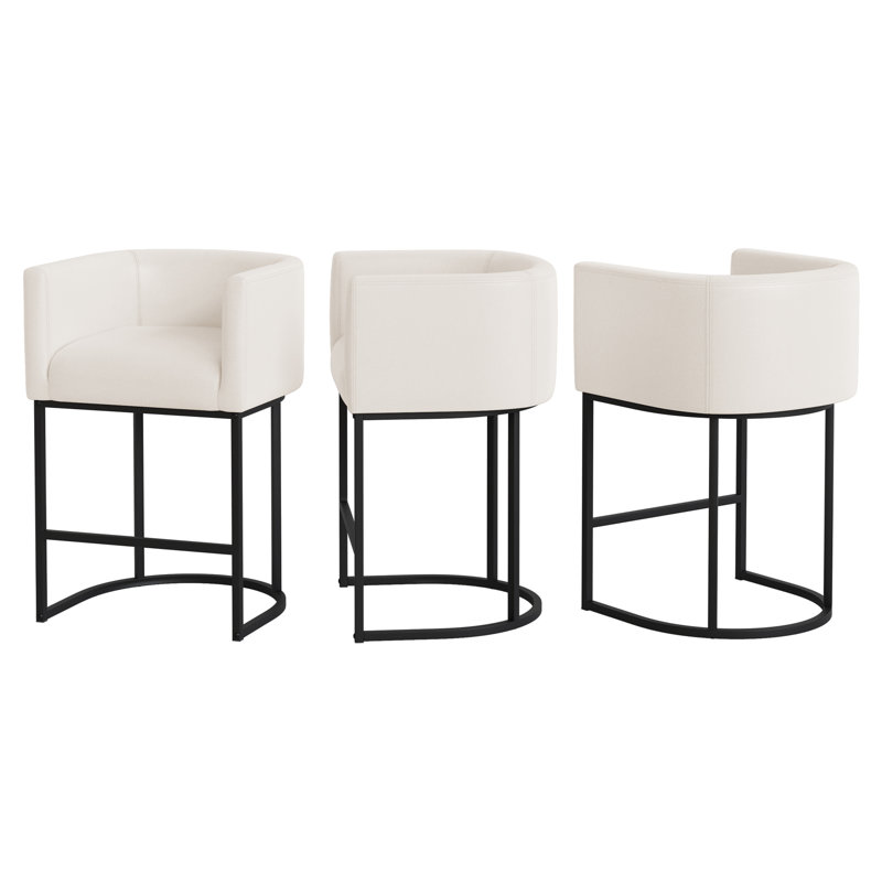 Upholstered Counter Stool with Metal Frame, Beige Linen/ Black Frame