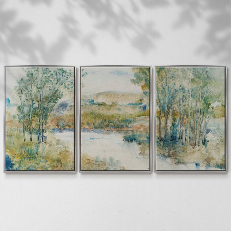 Trees on the Creek I - Toile encadrée multi-pièces, H 40 po x l 78 po x P 2 po, Argent