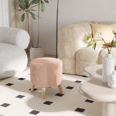 Repose-pieds rond avec rangement, repose-pieds en tissu de lin avec dessus amovible, siège rembourré, petit repose-pieds avec espace caché et pieds en bois pour le salon