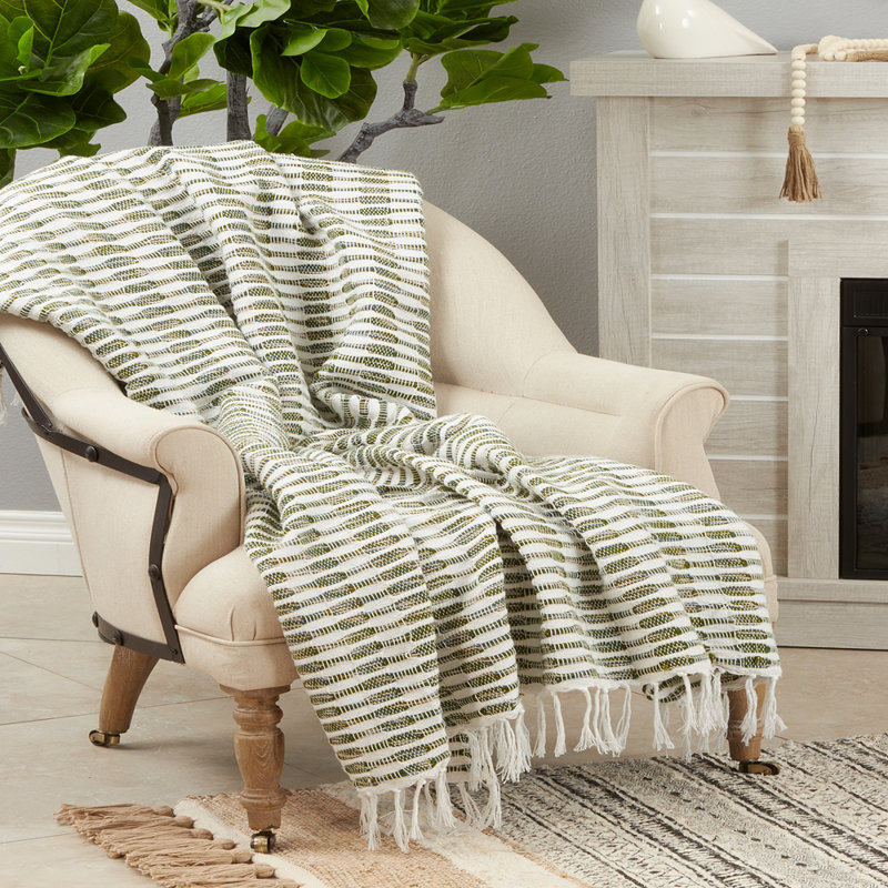 Green and White Woven Cotton Acrylic Throw Blanket
