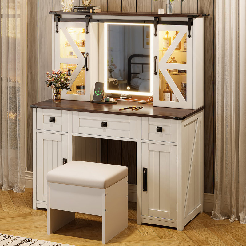 43.3" Farmhouse Makeup Vanity Desk With Lighted Mirror, Vanity Table Set With Storage Stool And Charging Station, Dressing Table With Sliding Barn Door Hidden Shelves & 3 Drawers & 4 Cabinets, Beige