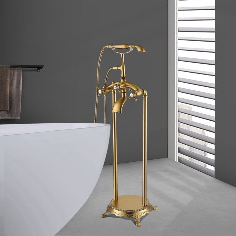 39-3/4 In. Double-Handle Freestanding Floor Mounted Bathtub Filler Faucets With Hand Held Shower Head In, Brushed Brass
