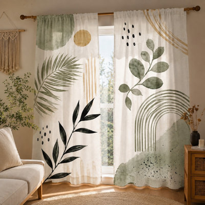 2 pièces de rideaux botaniques abstraits, tissu filtrant la lumière, arc-en-ciel bohème et imprimé de feuilles, intimité de parasol, conception à passe-tringle, pour le salon, la chambre, le balcon, la cuisine, la décoration intérieure
