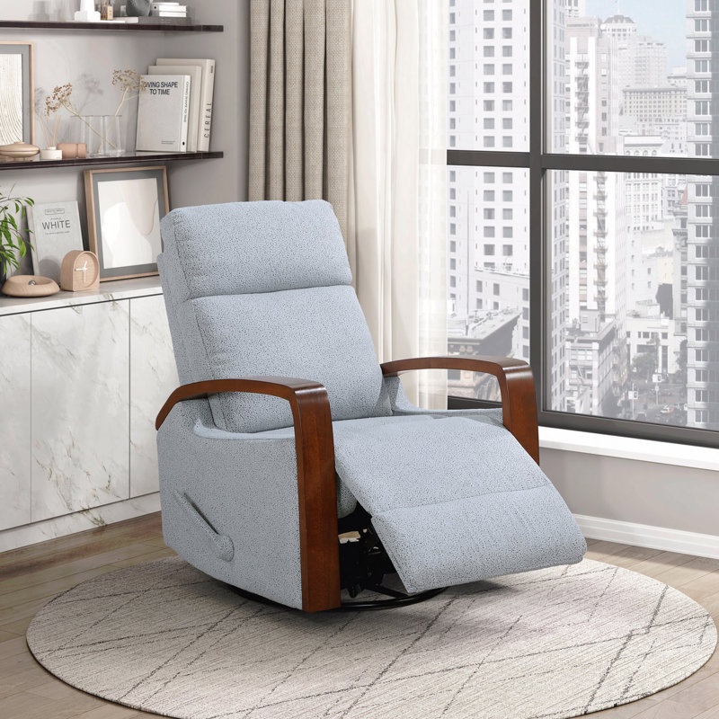 Gray Boucle Fabric Swivel Glider Recliner - Brown Wooden Arms, Living Room Furniture