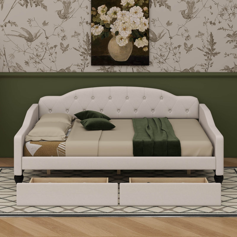 Full Size Daybed Frame With Button Tufted And Wingback Design, Upholstered Full Daybed With 2 Storage Drawers