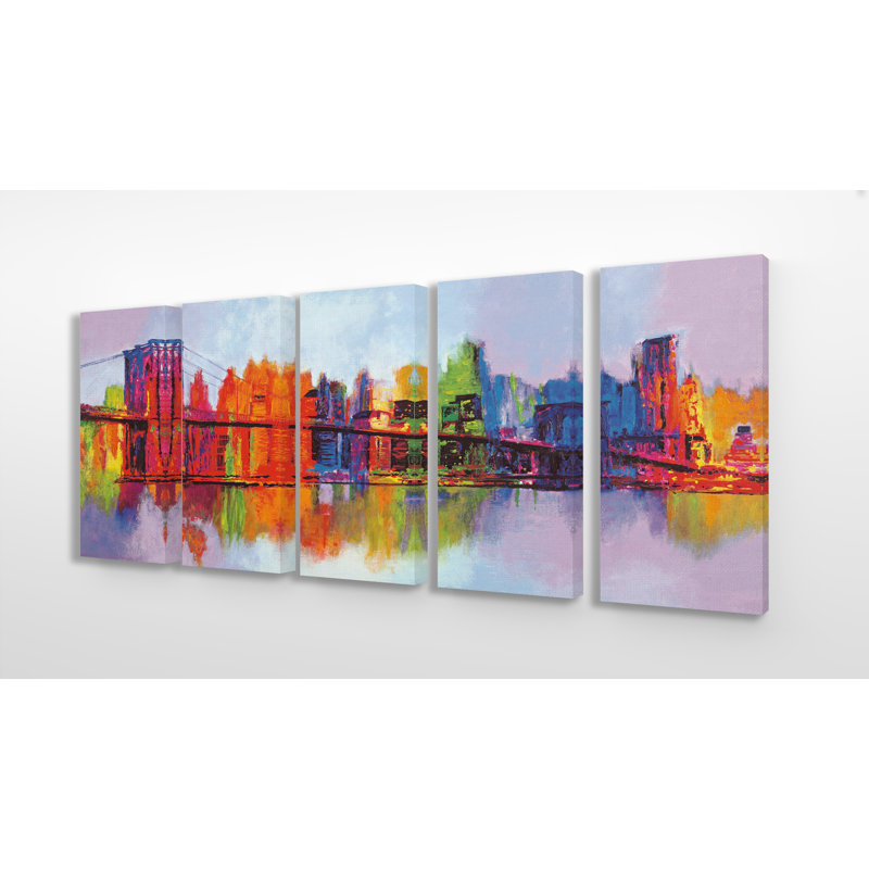 Ensemble de 5 reproductions d’impressions peintes en arc de couleur arc-en-ciel cityscape et pont réfléchi dans l’eau.