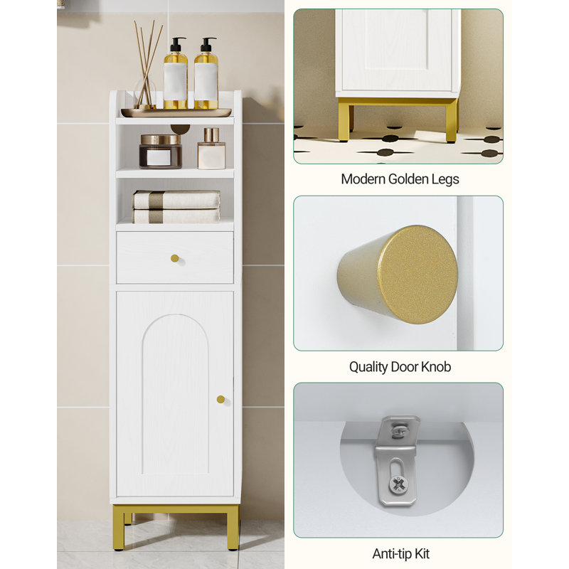 Bathroom Cabinet, Small Corner Floor Cabinet with Door and Drawer, Narrow Toilet Paper Cabinets, Bathroom Organizer with Adjustable Shelf, for Small Spaces, White 