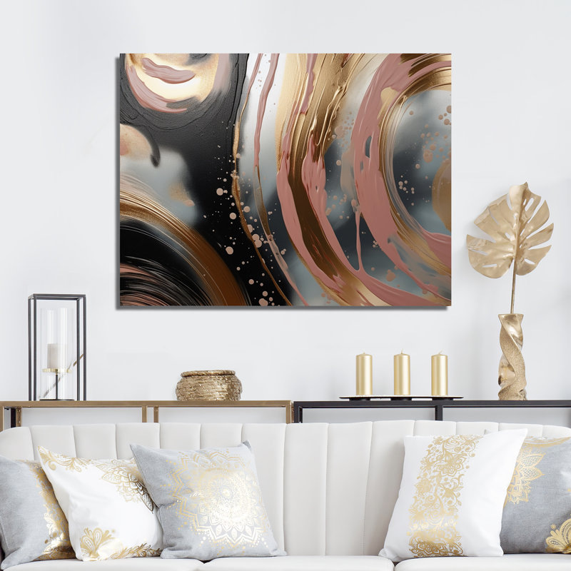 Abstrait, or et rose, encre liquide, cercles I - encre liquide abstraite, art mural, Toile tendue, H 12 po x l 20 po x P 1 po