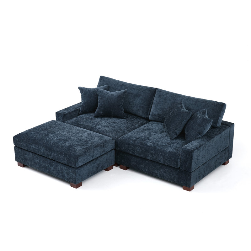 3 - Piece Upholstered Blue Chenille Modular Sectional Sofa with Throw Pillows & Removable Ottomans, Blue Chenille
