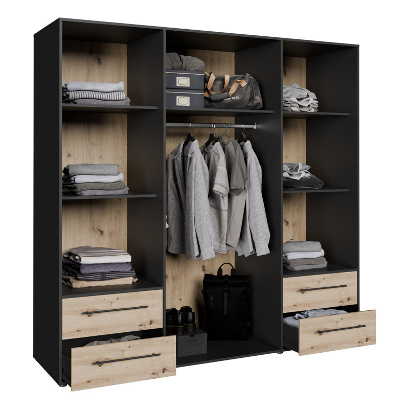 Minija 4 Door Manufactured Wood Wardrobe, Matte Black/Oak