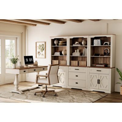 Ensemble de bureau moderne Modern Farmhouse: bureau rétro de 60 pouces avec prises de courant et bibliothèque à 3 colonnes de 73 po avec armoire et tiroirs