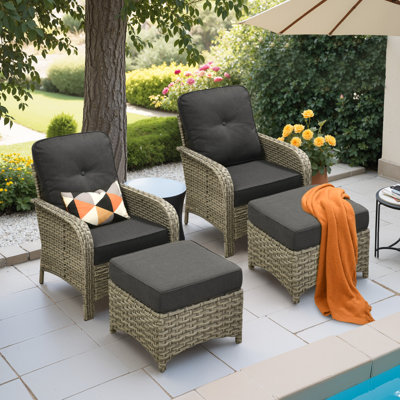 2-Person Outdoor Seating Group With Cushions And Ottomans,  All-Weather Wicker Patio Set