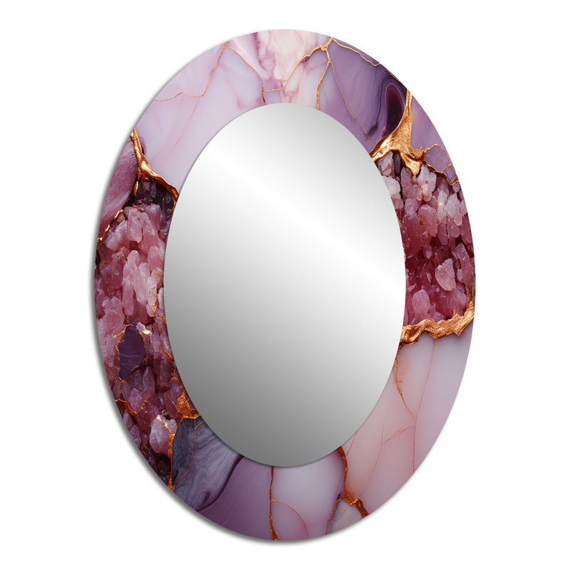 Pink and gold Marble agate river IV - Large Oval Wall Mirror On Metal, 40" H x 30" W