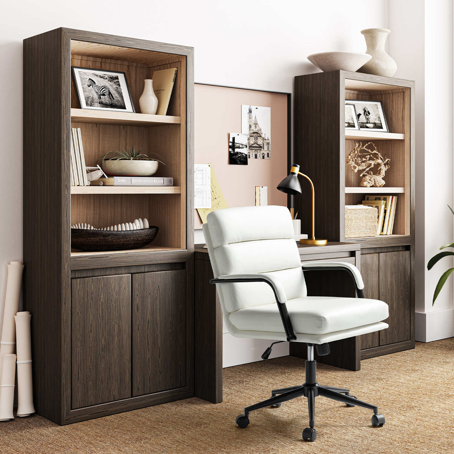 Anagrace Leather Upholstered Swivel Tilt Task Office Chair, Ivory Faux Leather