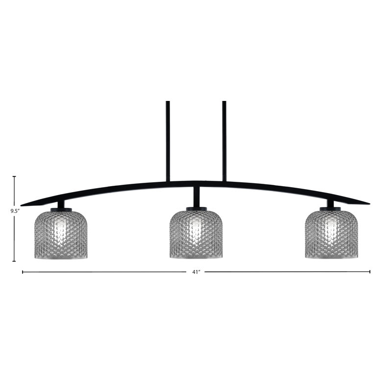 Luminaire pour îlot de cuisine 3 lumières kurve au fini noir mat avec verre texturé fumé de 6 po