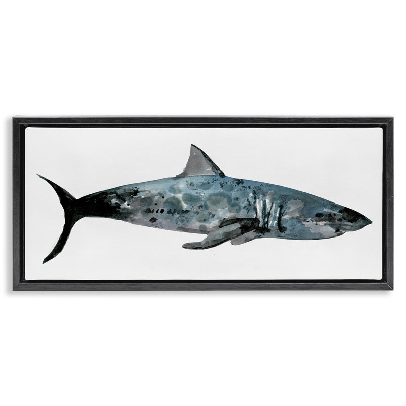 Watercolor Textured Shark Framed Floater Canvas Wall Art by Stellar Design Studio, 11" H x 25" W, Jet Black Floater Frame