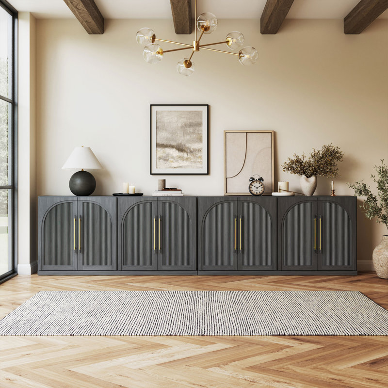 Set of 2 65" Sideboard with Double-Arc Wood Doors and Adjustable Shelves, Ebony, Ebony