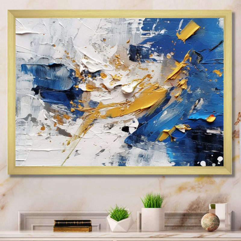 «Blue Yellow Cubist Kaleidoscope - Cubism», reproduction sur toile encadrée, H 30 po x l 40 po x P 1,5 po, Cadre doré simple
