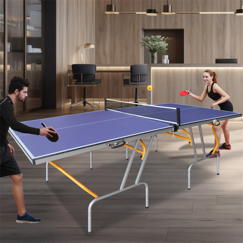 8Ft Mid-Size Table Tennis Table Foldable & Portable Ping Pong Table Set For Indoor Games With Net, 2 Table Tennis Paddles And 3 Balls