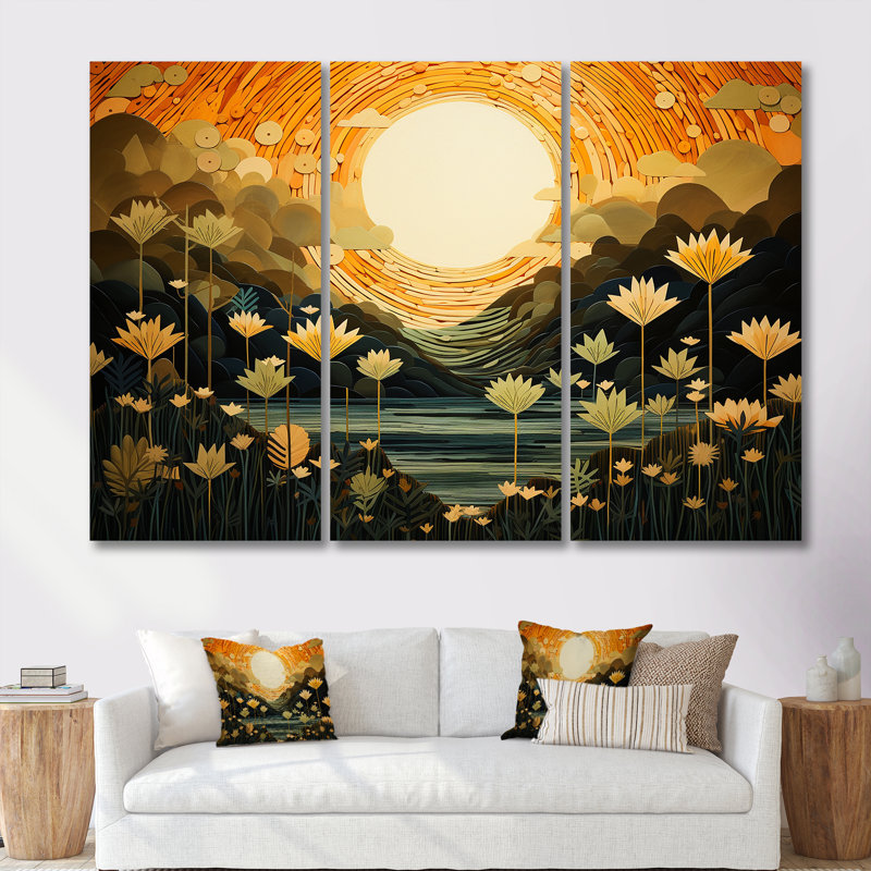 «Spring Flowers Full Moon Lake - Wildflowers», ensemble d'art mural, Toile tendue, H 28 po x l 36 po x P 1 po
