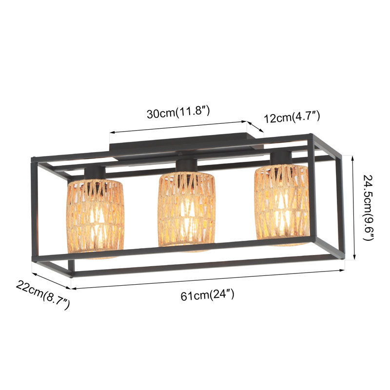 Flush Mount Ceiling Fixture Hand-Woven Rattan Farmhouse Style, 9.6" H x 24" W x 8.7" D