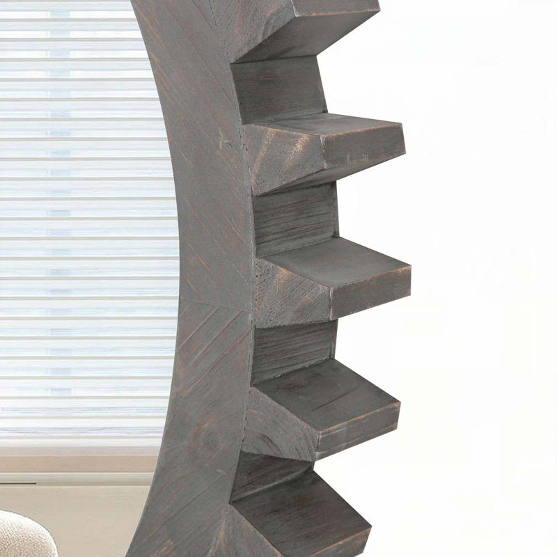 Wall Wood Round Hanging Gear Shape Heavy Decorative Mirror, 16.53" x 16.53", Dark Brown
