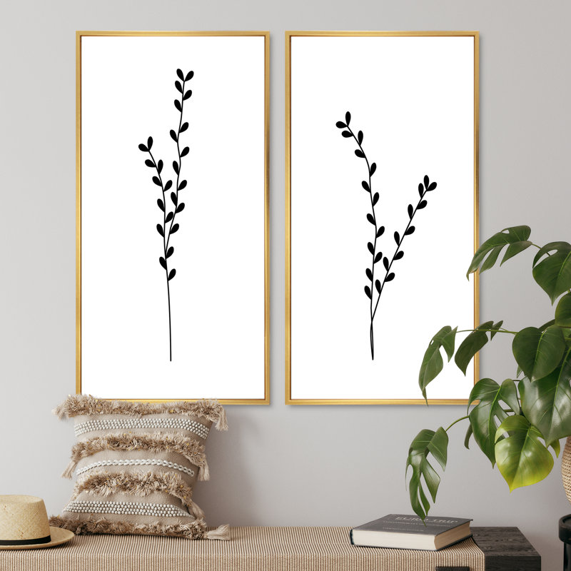 Silhouette unique de plante monochrome Boho I - ensemble de 2 impressions, H 32 po x l 32 po x P 1 po, Cadre doré