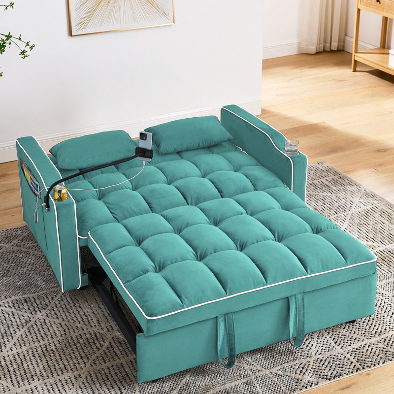 Canapé-lit pliable polyvalent de 55,51 pouces en 3 longueurs, canapé-lit moderne, canapé-lit en velours, dossier réglable, port USB, cendrier et support pour téléphone pivotant (vert)