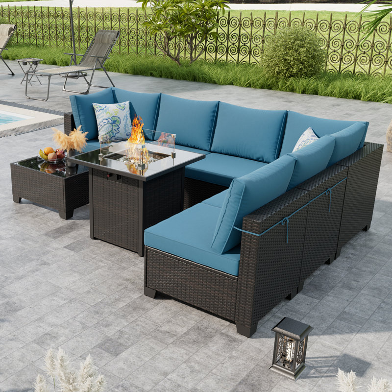 8 Pieces Patio Furniture Set With Fire Pit Table, Includes Splashproof Anti-Slip Cushions - Perfect For Outdoor, Deck, Garden, Poolside